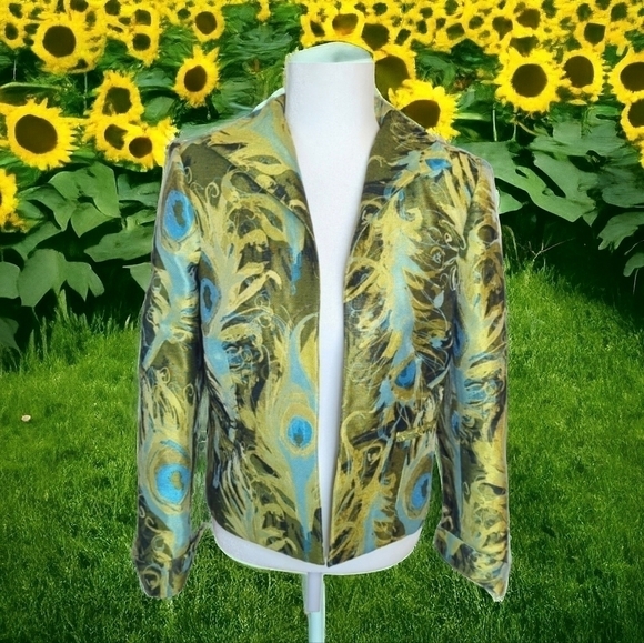 3 Sisters Jacket green Peacock print Women's Open cropped blazer Reg $289 sz xs - Picture 10 of 11